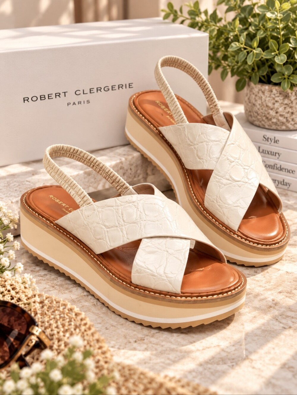 NIB Robert Clergerie Freedoc V.Maxi 9583 Croc‑Embossed Slingback Sandals – Straw